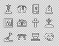 Set line Shovel in the ground, Skull, Holy bible book, Dead body morgue, Grave with cross, tombstone, Coffin and icon Royalty Free Stock Photo