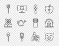 Set line Shovel, Pig, Wheat, Garden pitchfork, Watering can, Pack full of seeds of plant and Farm house icon. Vector
