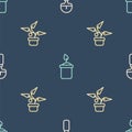 Set line Shovel, Plant in pot and Sprout bottle on seamless pattern. Vector