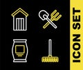 Set line Shovel and rake, Garden, Fertilizer bag and Wooden outdoor toilet icon. Vector