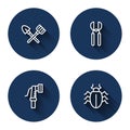 Set line Shovel and rake, Gardening scissors, hose and Colorado beetle with long shadow. Blue circle button. Vector