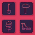 Set line Shovel, Road traffic signpost, Road traffic signpost and Hiking boot. Blue square button. Vector