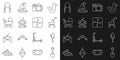 Set line Shovel toy, Toy horse, Baby stroller, Photo camera, Robot, Jump rope and Puzzle pieces icon. Vector