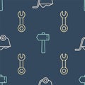 Set line Shovel, Wrench spanner and Hammer on seamless pattern. Vector Royalty Free Stock Photo