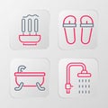 Set line Shower, Bathtub, Flip flops and Incense sticks icon. Vector