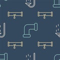 Set line Shower, Broken pipe with leaking water and Industry metallic pipe on seamless pattern. Vector
