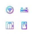 Set line Shower cabin, Lift, Wi-Fi wireless and Signboard with text Hotel. Gradient color icons. Vector