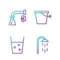 Set line Shower, Glass with water, Water tap and Bucket. Gradient color icons. Vector