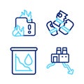 Set line Shutdown of factory, Drop in crude oil price, Credit card and Fire burning house icon. Vector