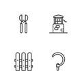 Set line Sickle, Garden fence wooden, Gardening scissors and Well icon. Vector