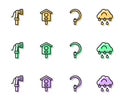 Set line Sickle, Garden hose, Bird house and Cloud with rain icon. Vector Royalty Free Stock Photo