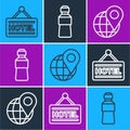 Set line Signboard with text Hotel, Location on the globe and Bottle of water icon. Vector
