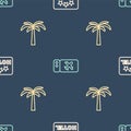 Set line Signboard with text Hotel, Tropical palm tree and Airline ticket on seamless pattern. Vector