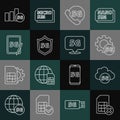 Set line Sim card rejected, Cloud 5G network, Setting, Phone with, Protective shield, Graphic tablet, and Location icon Royalty Free Stock Photo