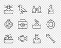 Set line Sinking cruise ship, Dead fish, Binoculars, Fish, Lighthouse, First aid kit, Sailor captain and Lifebuoy icon