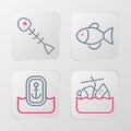 Set line Sinking cruise ship, Location with anchor, Fish and Dead fish icon. Vector