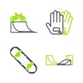 Set line Skate park, Skateboard trick, Gloves and Bicycle on street ramp icon. Vector Royalty Free Stock Photo