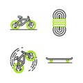 Set line Skateboard, Bicycle trick, Climber rope and icon. Vector
