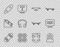 Set line Skateboard, wheel, Longboard or skateboard, Headphones, Knee pads and icon. Vector Royalty Free Stock Photo