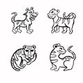 Set of Line sketch, outline tiger, symbol, vector illustration