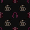 Set line Ski and sticks, Winter fishing and headphones on seamless pattern. Vector