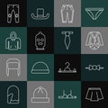 Set line Skirt, Bow tie, Blazer or jacket, Pants, Balaclava, Hoodie, and Tie icon. Vector Royalty Free Stock Photo