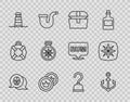 Set line Skull, Anchor, Antique treasure chest, Pirate coin, Lighthouse, Compass, hook and Wind rose icon. Vector
