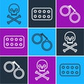 Set line Skull on crossbones, Handcuffs and Pills in blister pack icon. Vector