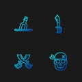 Set line Skull, Crossed pirate swords, Bottle with message in water and Pirate. Gradient color icons. Vector