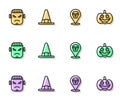 Set line Skull, Frankenstein face, Witch hat and Pumpkin icon. Vector