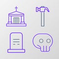 Set line Skull, Grave with tombstone, Hammer and Old crypt icon. Vector