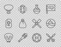 Set line Skull, Medieval arrows, Bottle with potion, Mace spikes, Necklace gem, Old money bag, Shield viking and Sea and