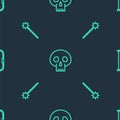 Set line Skull, Medieval chained mace ball and bow on seamless pattern. Vector