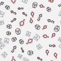 Set line Skull, Old magic key, Mystery box and Magic hand mirror on seamless pattern. Vector Royalty Free Stock Photo