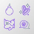 Set line Skull, Pirate treasure map, coin and Bomb ready to explode icon. Vector