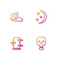Set line Skull, Trunk for magic tricks, Cube levitating above hand and Moon stars. Gradient color icons. Vector Royalty Free Stock Photo