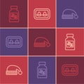 Set line Sleeping pill, hat and Earplugs with storage box icon. Vector Royalty Free Stock Photo