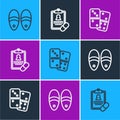 Set line Slippers, Domino and Medical prescription icon. Vector