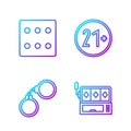 Set line Slot machine, Handcuffs, Game dice and 21 plus. Gradient color icons. Vector Royalty Free Stock Photo