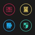 Set line Slot machine, Shield for game, Game guide and Mystery random box icon. Vector