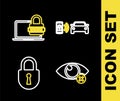 Set line Smart car alarm system, Invisible or hide, Lock and Laptop with password icon. Vector