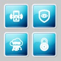 Set line Smart car alarm system, Shield and eye, Cloud VPN interface and Safe combination lock wheel icon. Vector Royalty Free Stock Photo