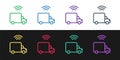 Set line Smart delivery cargo truck vehicle with wireless connection icon isolated on black and white background. Vector Royalty Free Stock Photo