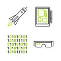 Set line Smart glasses, Binary code, Graphic tablet and Rocket ship with fire icon. Vector