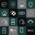 Set line Smart glasses, Thermostat, Power button, Internet of things, home, Humidity and Battery icon. Vector Royalty Free Stock Photo