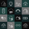 Set line Smart home, Battery, remote control system, House with wind turbine, Internet of things, Mobile charging Royalty Free Stock Photo