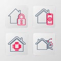 Set line Smart home, remote control system and House under protection icon. Vector Royalty Free Stock Photo