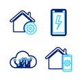 Set line Smart home remote control system, Internet of things, Mobile charging battery and settings icon. Vector Royalty Free Stock Photo