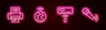 Set line Smart printer system, Global technology, Air conditioner and Wireless microphone. Glowing neon icon. Vector Royalty Free Stock Photo