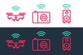 Set line Smart stereo speaker, drone and photo camera icon. Vector